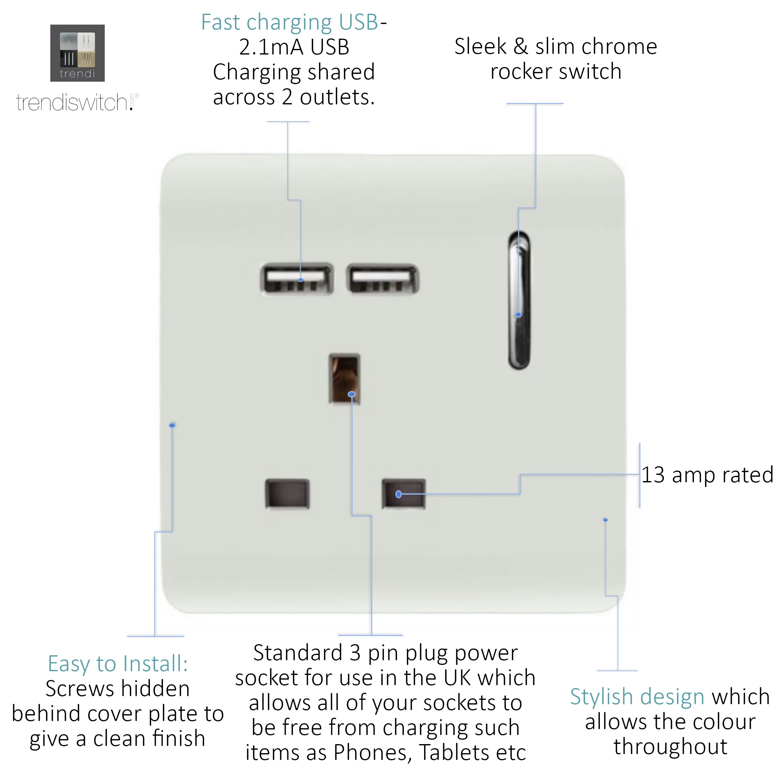 1 Gang 13Amp Switched Single Socket With 2 x USB Ice White ART-SKT13USBWH  Trendi Ice White